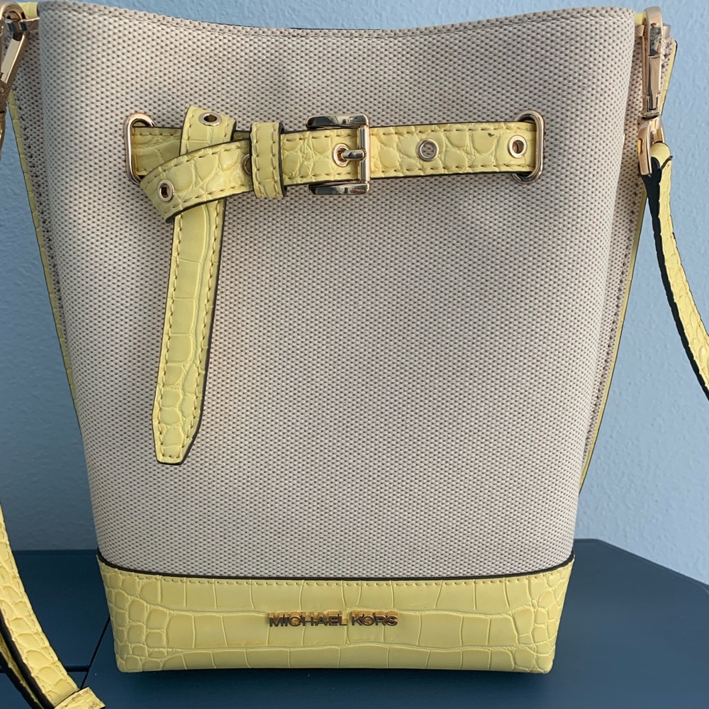 Michael Kors Emilia Small Canvas Snake Print Yellow Leather Bucket Messenger Bag